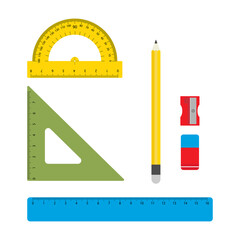 School sharpener, ruler set, pencil and eraser. Back to school. School office. Flat vector illustration.