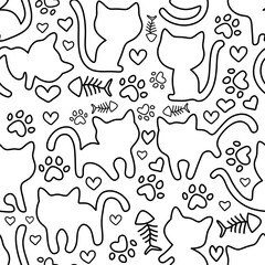 Doodle cats, seamless childish pattern, silhouettes of cats, fish skeleton, hearts and cat paws