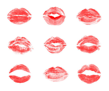 Red lips. Woman's lips. Print of red lips. Red lips imprint isolated on white background. Red seal. Valentine's Day stamp. Vector illustration.