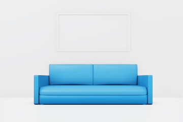 Minimalist living room with blue sofa and big frame. 3D illustration
