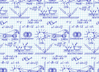 Law of optics. Retro education and scientific background. Math and physic formula, equation and outlines on white board. Vector hand-drawn seamless pattern on notebook page.
