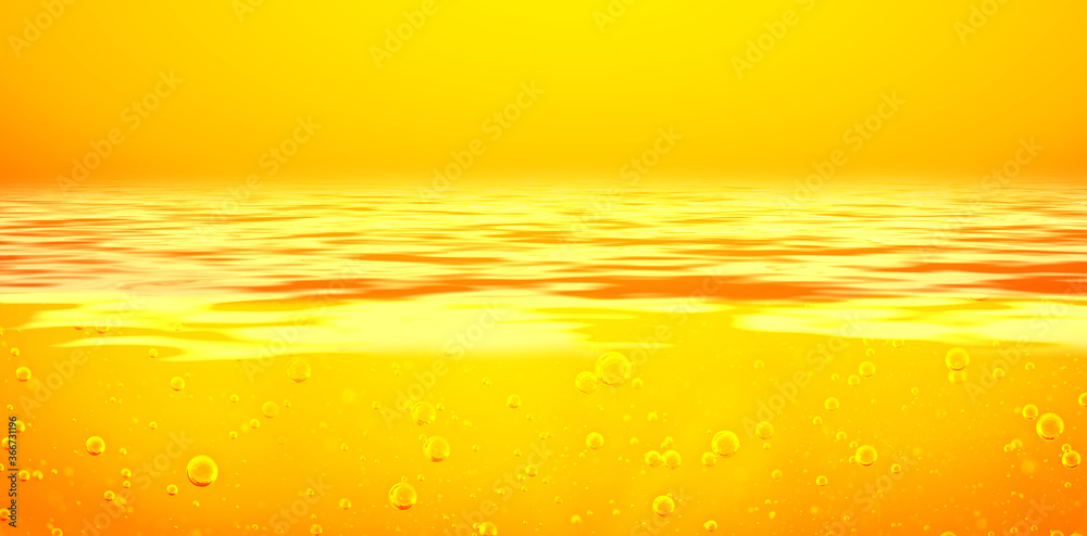 Wall mural beautiful golden water surface, underwater bubbles and orange sky. banner format. background for adv