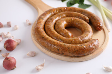 Local Northern Thai food , Northern Thai spicy sausage street food isolated in white background