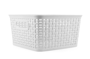 Empty wicker picnic basket on white background © vadarshop