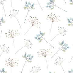 Fototapety  Akwarela kwiatowy wzór z rozproszonymi roślinami streszczenie. Przewiewny, lekki i latający ornament na białym tle do tekstyliów, tapet lub papieru.
