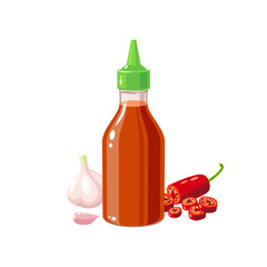 Hot chilli sauce bottle, garlic and pepper, vector illustration cartoon icon isolated on white background.