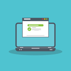 Successful web browser Login page on Laptop Screen with password form. Security, personal access, user authorization