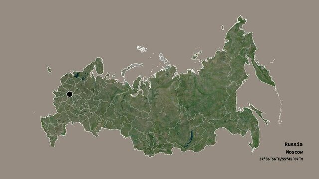 North Ossetia, republic of Russia, with its capital, localized, outlined and zoomed with informative overlays on a satellite map in the Stereographic projection. Animation 3D