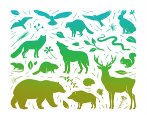 Vector composition with forest animals collection in rectangle frame. Flat animals silhouettes in green colors. Design for print, cover, poster, banner. File contains transparency and gradient mesh