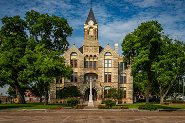 La Grange, Texas / United States - May 31, 2020: East elevation of the historic Fayette County Courthouse in LaGrange, Texas.