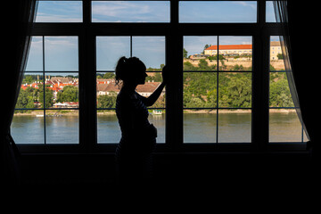 Fototapeta premium Silhouette of a pregnant woman by the window