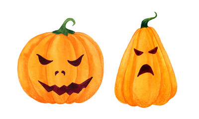 Orange, angry, cartoonish pumpkins with a face for Halloween. Drawn with watercolor on a white background. For festive decor