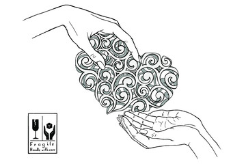 Hand drawn hand that gives heart to two hands. Vector line illustration. Hand holding heart. LGBT relationship. Female love.