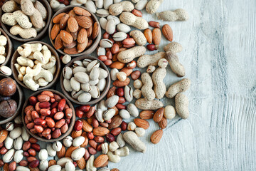 Assorted nuts for a background
Almond, walnut,cashew, pistachios, hazelnuts, peanuts, Macadamia
Collection of different varieties of nuts. Composition with dried fruits
Healthy food. Organic.