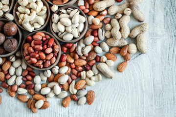 Assorted nuts for a background
Almond, walnut,cashew, pistachios, hazelnuts, peanuts, Macadamia
Collection of different varieties of nuts. Composition with dried fruits
Healthy food. Organic.