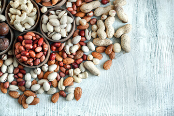 Assorted nuts for a background
Almond, walnut,cashew, pistachios, hazelnuts, peanuts, Macadamia
Collection of different varieties of nuts. Composition with dried fruits
Healthy food. Organic.