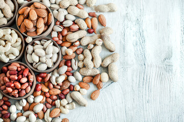 Assorted nuts for a background
Almond, walnut,cashew, pistachios, hazelnuts, peanuts, Macadamia
Collection of different varieties of nuts. Composition with dried fruits
Healthy food. Organic.