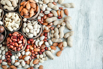 Assorted nuts for a background
Almond, walnut,cashew, pistachios, hazelnuts, peanuts, Macadamia
Collection of different varieties of nuts. Composition with dried fruits
Healthy food. Organic.