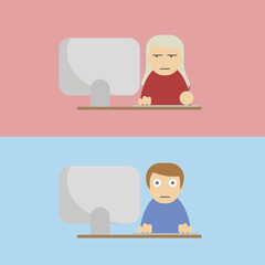 Graphic artist and coding programmer are sitting at the table at the computer and working