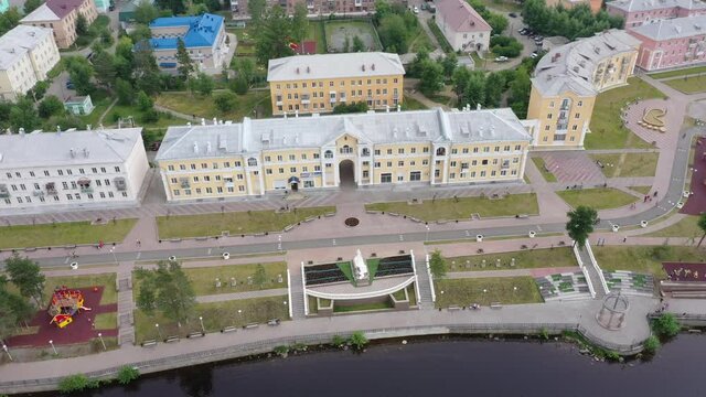 Picturesque embankment on the banks of the Turia River in the city of Krasnoturinsk. View from above. Russia