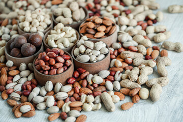 Assorted nuts for a background
Almond, walnut,cashew, pistachios, hazelnuts, peanuts, Macadamia
Collection of different varieties of nuts. Composition with dried fruits
Healthy food. Organic.