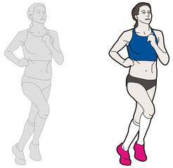 Vector drawing of a female long distance runner. Sportswoman at marathon run.