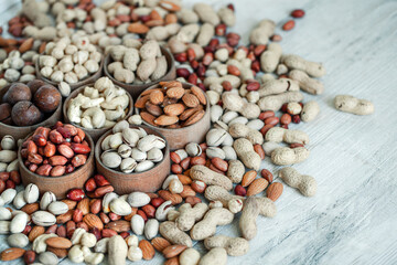 Assorted nuts for a background
Almond, walnut,cashew, pistachios, hazelnuts, peanuts, Macadamia
Collection of different varieties of nuts. Composition with dried fruits
Healthy food. Organic.
