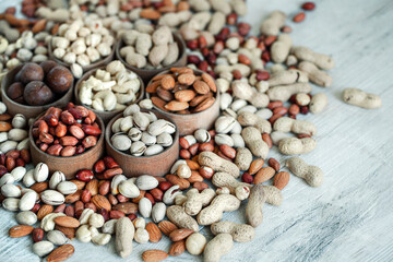 Assorted nuts for a background
Almond, walnut,cashew, pistachios, hazelnuts, peanuts, Macadamia
Collection of different varieties of nuts. Composition with dried fruits
Healthy food. Organic.