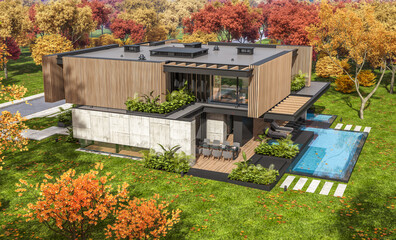 Naklejka premium 3d rendering of modern cozy house with parking and pool for sale or rent with wood plank facade and beautiful landscaping on background. Clear sunny autumn day with golden leaves anywhere.