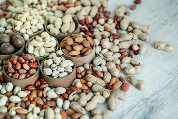 Assorted nuts for a background
Almond, walnut,cashew, pistachios, hazelnuts, peanuts, Macadamia
Collection of different varieties of nuts. Composition with dried fruits
Healthy food. Organic.