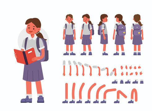 School Girl Character Constructor for Animation.  Front, Side and Back View. Cute Kid in School Uniform and Different Postures. Body Parts Collection. Flat Cartoon Vector Illustration.