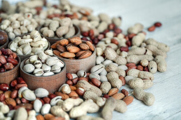 Assorted nuts for a background
Almond, walnut,cashew, pistachios, hazelnuts, peanuts, Macadamia
Collection of different varieties of nuts. Composition with dried fruits
Healthy food. Organic.