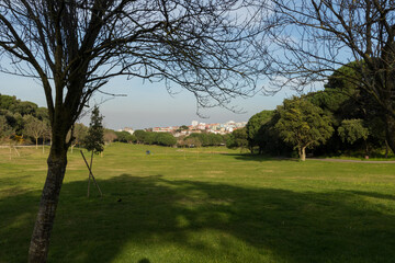 Recreational Park of the city with grass, forest and a crystalline creek in the center of Portugal. Peace Park or Parque da Paz, Almada.