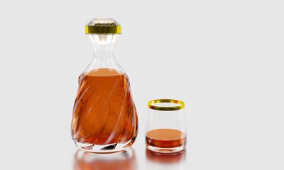 Luxury liquor bottle or whiskey bottle, diamond-shaped lid with a golden stripe, And have a full bottle of drink A clear whiskey glass with liquor in the glass. 3D Rendering.
