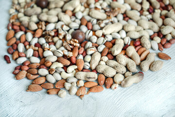 Assorted nuts for a background
Almond, walnut,cashew, pistachios, hazelnuts, peanuts, Macadamia
Collection of different varieties of nuts. Composition with dried fruits
Healthy food. Organic.