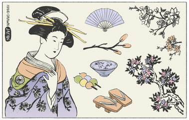 Set of Japanese design elements. Geisha Woman Illustration. Hand drawn vector illustration.