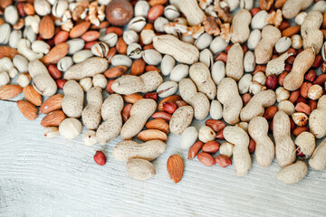 Assorted nuts for a background
Almond, walnut,cashew, pistachios, hazelnuts, peanuts, Macadamia
Collection of different varieties of nuts. Composition with dried fruits
Healthy food. Organic.