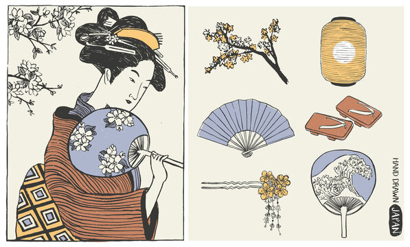 Set of Japan design elements. Geisha Woman  / Japanese girl Illustration. Hand drawn vector illustration.