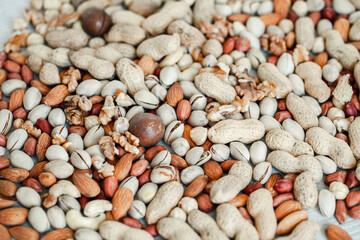 Assorted nuts for a background
Almond, walnut,cashew, pistachios, hazelnuts, peanuts, Macadamia
Collection of different varieties of nuts. Composition with dried fruits
Healthy food. Organic.