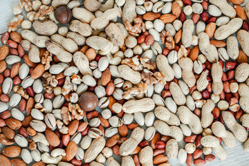 Assorted nuts for a background
Almond, walnut,cashew, pistachios, hazelnuts, peanuts, Macadamia
Collection of different varieties of nuts. Composition with dried fruits
Healthy food. Organic.