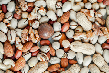 Assorted nuts for a background
Almond, walnut,cashew, pistachios, hazelnuts, peanuts, Macadamia
Collection of different varieties of nuts. Composition with dried fruits
Healthy food. Organic.