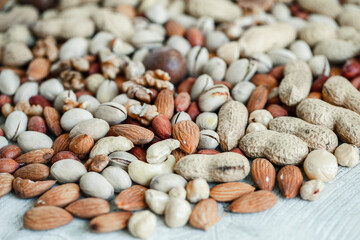 Assorted nuts for a background
Almond, walnut,cashew, pistachios, hazelnuts, peanuts, Macadamia
Collection of different varieties of nuts. Composition with dried fruits
Healthy food. Organic.