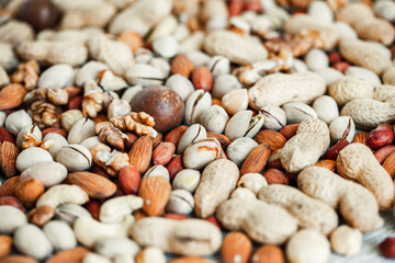 Assorted nuts for a background
Almond, walnut,cashew, pistachios, hazelnuts, peanuts, Macadamia
Collection of different varieties of nuts. Composition with dried fruits
Healthy food. Organic.