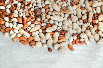 Assorted nuts for a background
Almond, walnut,cashew, pistachios, hazelnuts, peanuts, Macadamia
Collection of different varieties of nuts. Composition with dried fruits
Healthy food. Organic.