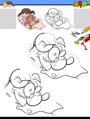 drawing and coloring task with girl and her teddy bear