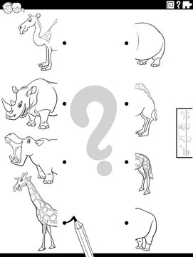 match halves of safari animals pictures coloring book page