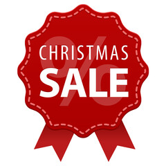 Christmas Sale red label with a seam and ribbons icon isolated on white background.