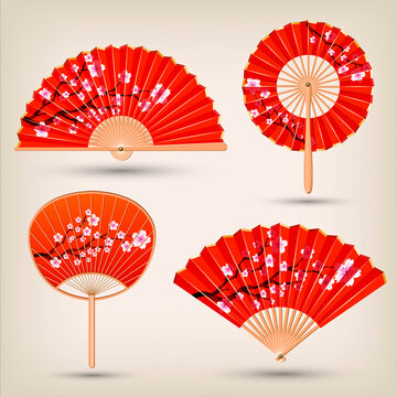 Japanese and Chinese Hand fans set .Traditional oriental black and gold hand fan collection. Vector illustration.