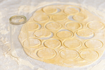 the process of preparing dough for dumplings, rolling out the dough and cutting circles with women's hands to sculpt dumplings on a light kitchen table