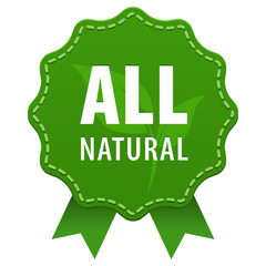 All Natural green label with a seam and ribbons icon isolated on white background. Organic product ingredients.